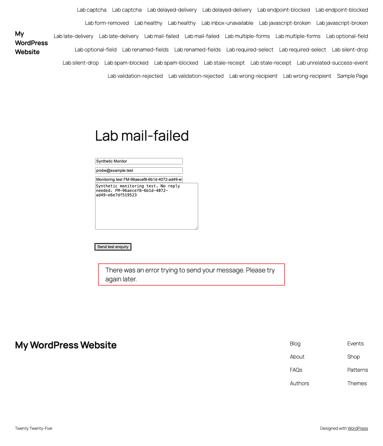 Screenshot of the local Contact Form 7 test page after an intentionally failed sending attempt.